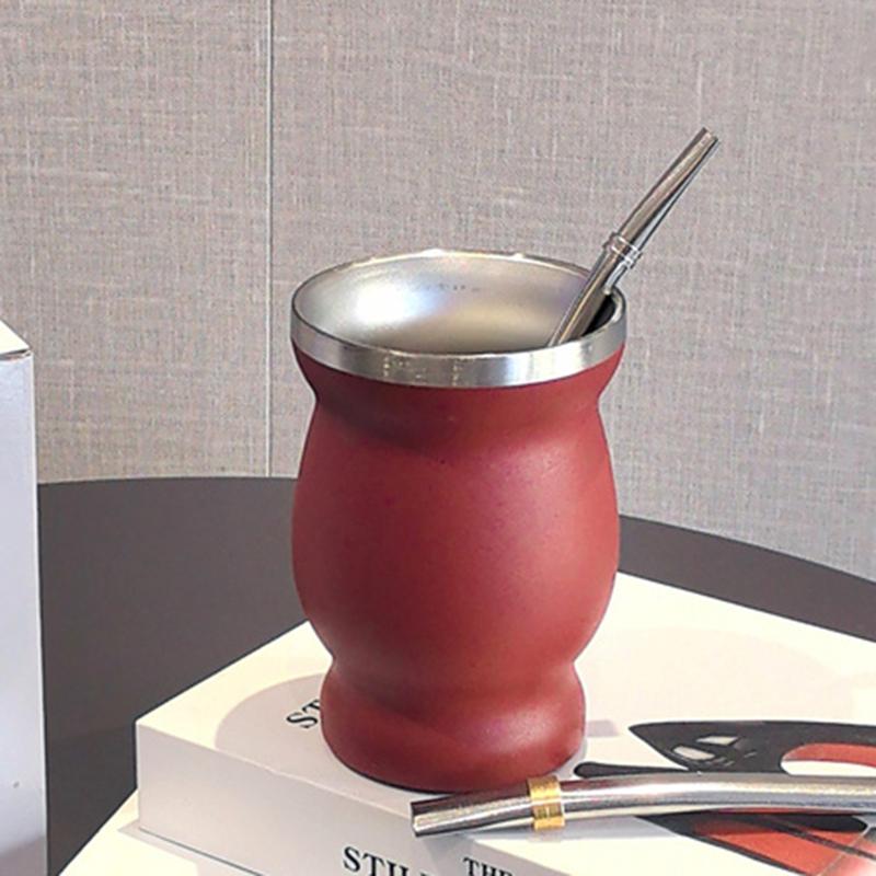 1 Set Yerba Mate Cup 304 Stainless Steel Double Wall 8oz Yerba Mate Gourd Cup With Straw Spoon And Cleaning Brush Teaware Sets