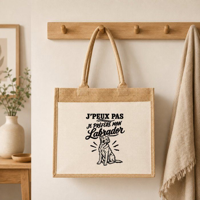Sac Cabas Jute - PLANETEE - J'peux pas minimaliste - Motif Labrador - Toile de jute &amp; coton - 21 L (43×33×21 cm)