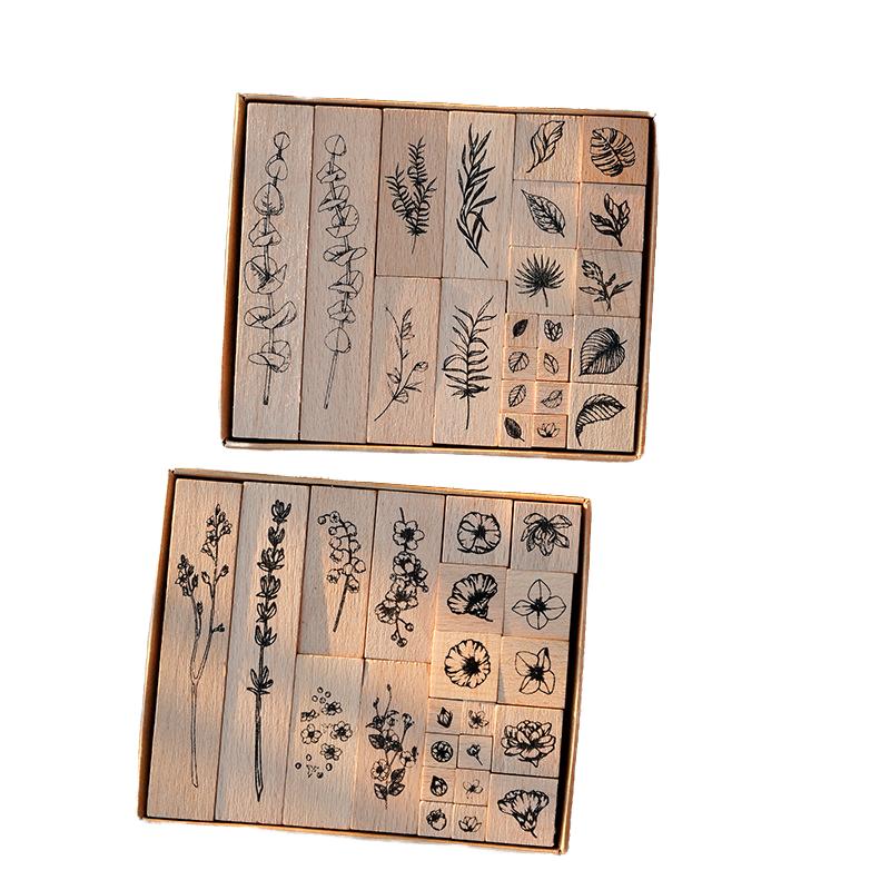 22pcs/set Laminated Natural Plants Leaf Flower Wooden Stamp Set Standard Stamps Collage Junk Journal Scrapbooking Card