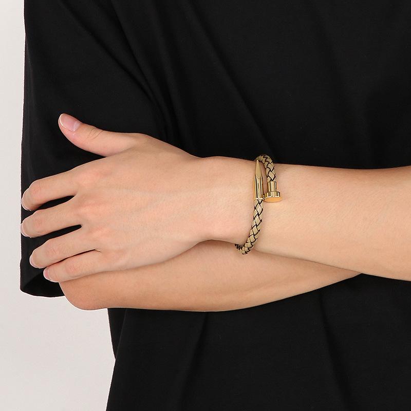 Men's Leather Magnetic Clasp Bracelet with Stainless Steel Nails