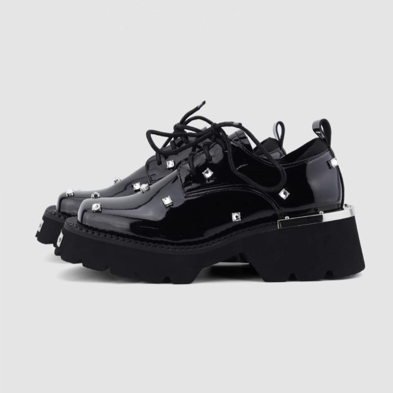 Rhinestone thick-soled thick-heeled small leather shoes for women's 2025 early spring new leather British style metal black lace-up shoes