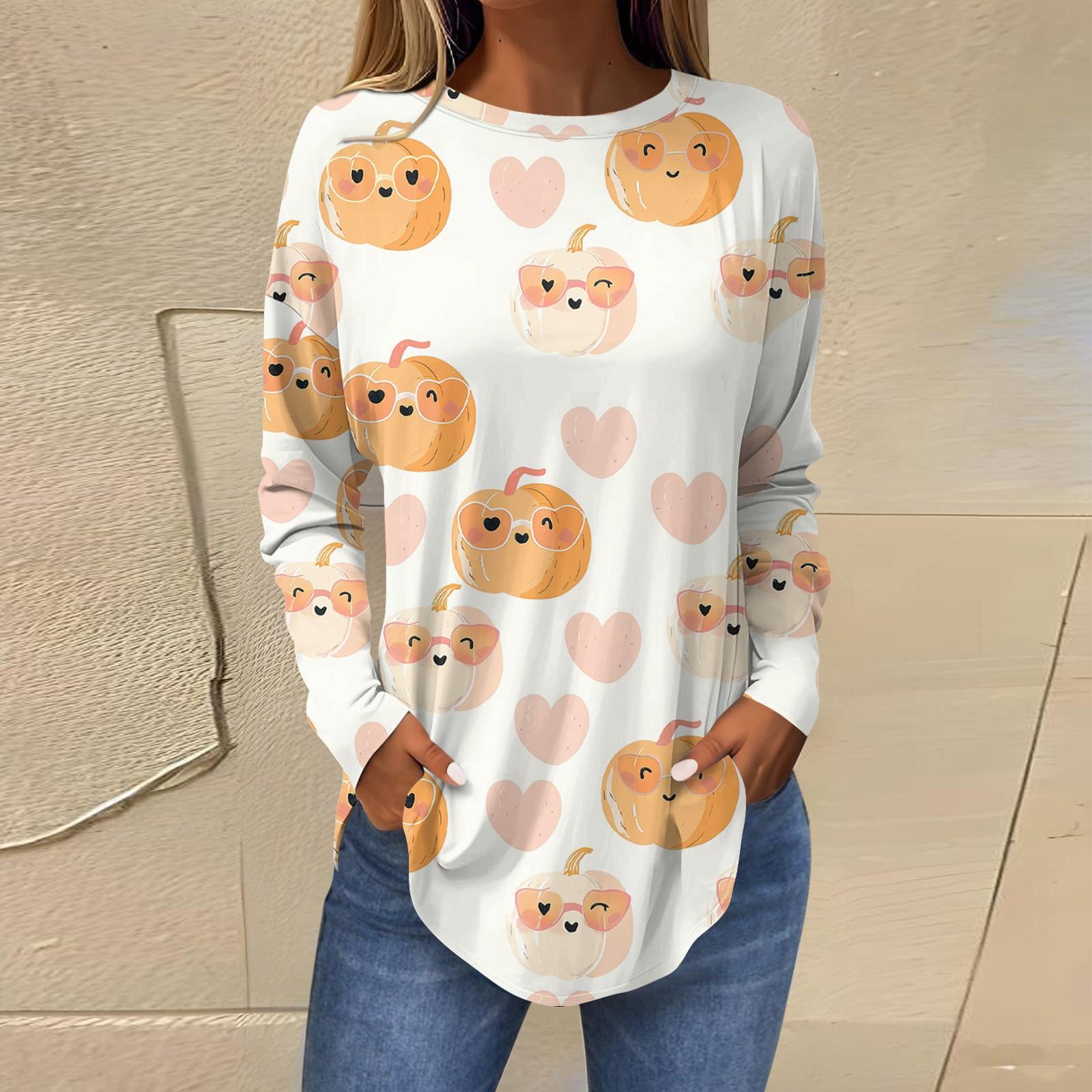 Женская свободная футболка с длинным рукавом с круглым вырезом и принтом — фото 3