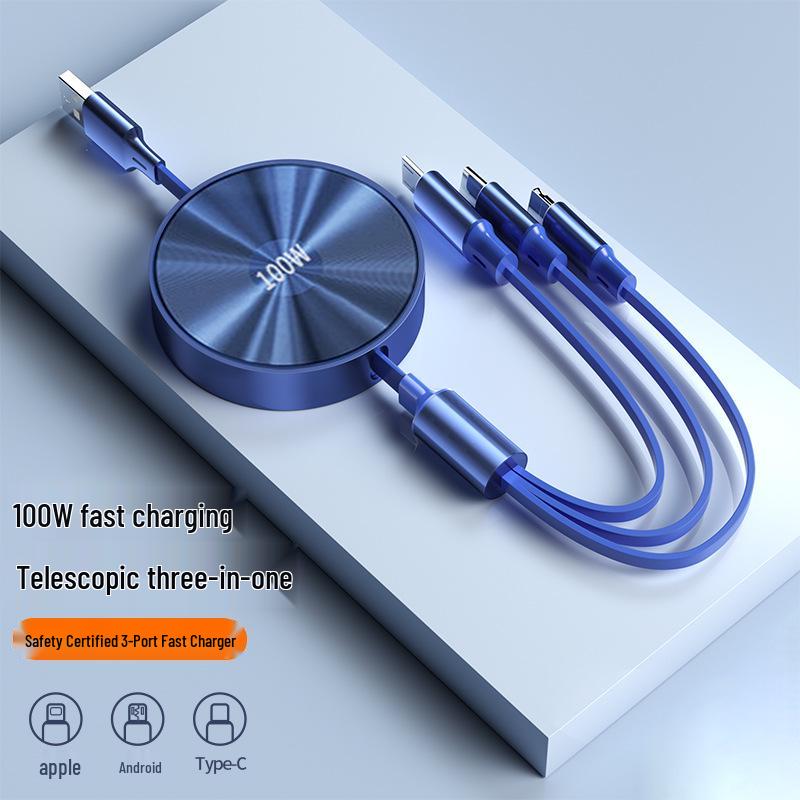 100W Retractable Three-in-One Super Fast Charging Cable with Custom Print Logo
