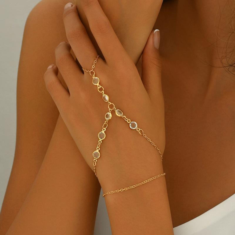 Fashion Multilayer Rhinestone Beaded Bracelet Ring for Women Light Luxury Metal Finger Chain Party Jewelry Accessories Gifts