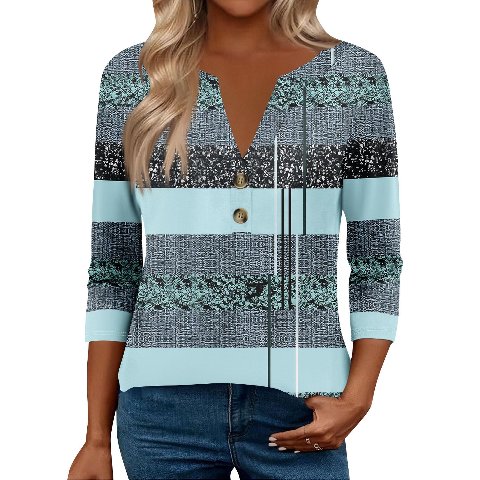 

Женские топы с рукавом 3/4 для женщин, топы хенли на пуговицах с V-образным вырезом, нарядные летние женские топы свободного кроя L циан