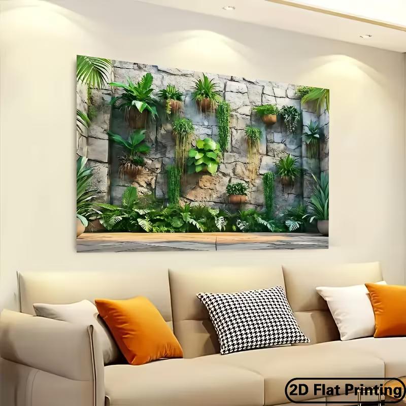Bohemian Greenery Wall Tapestry, Potted Tropical Plants On Stone Wall Hanging for Backyard Decoration
