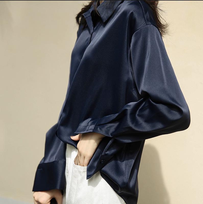 

2024 Women s Versatile Retro Hong Kong Style Satin Shirt with Long Sleeves Extra Large