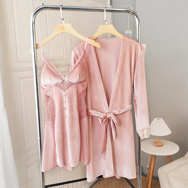 New Autumn Velvet Pajamas Two-piece Robe Set Feminine Lace See-through Robe Bathrobe Casual Velvet Home Clothes