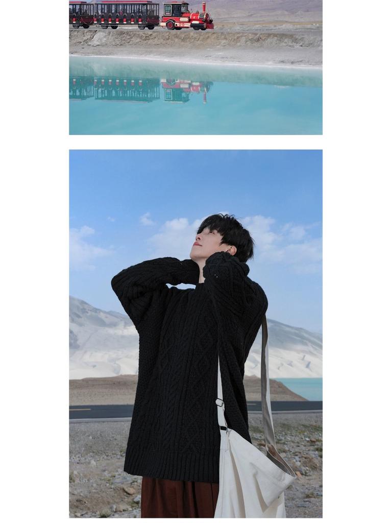 Men's Japanese Retro Hong Kong Literary Knit Sweater - Twisted Pattern, Round Neck, Autumn Casual