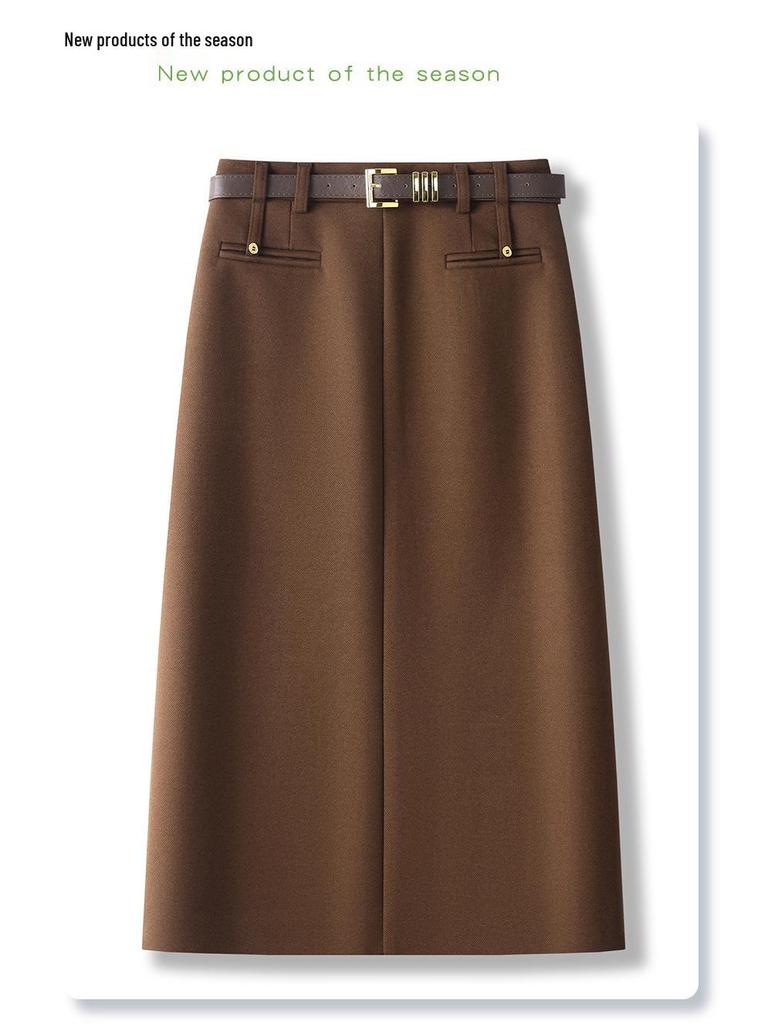 2024 Women's High Waist Angora Red Wool Midi Skirt - Autumn Winter Bodycon Style with Slit