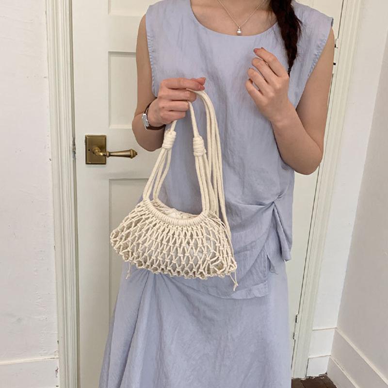Yogodlns Summer Woven Net Shoulder Bag for Women Beach Hollow Out Crossbody Bag Retro Bohemian Vacation Daily Use Purse