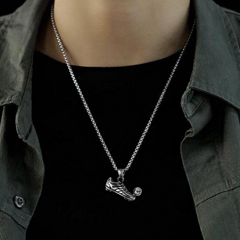 Football Shoe Pendant Necklace Boys Vintage Silver Color Hip Hop Punk Sports Style Stainless Steel Chain Fashion Man Jewelry