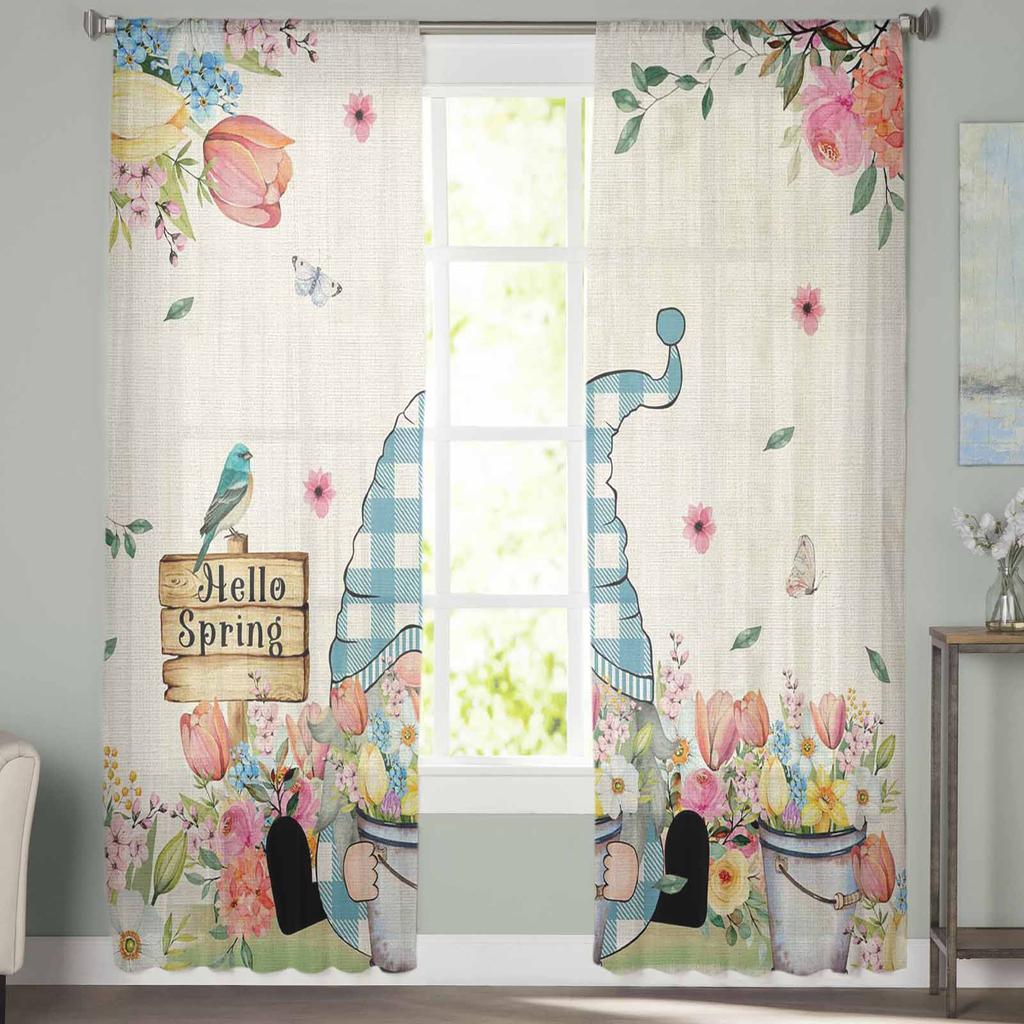 Frühlingsblumen Wichtel Transparente Fenstervorhänge für Wohnzimmer Küche Kinderzimmer Voile Hängevorhang