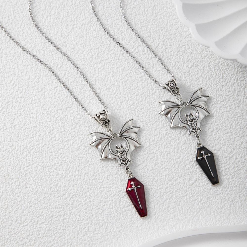 Exaggerated Gothic Sliver Color Vampire Bat Cross Red Coffin Pendant Necklace for Women Halloween Party Retro Punk Jewelry Gift