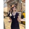 French Blue V-neck Lace Floral Dress Children's Spring and Summer Temperament Waist-wrapped Hip Dress