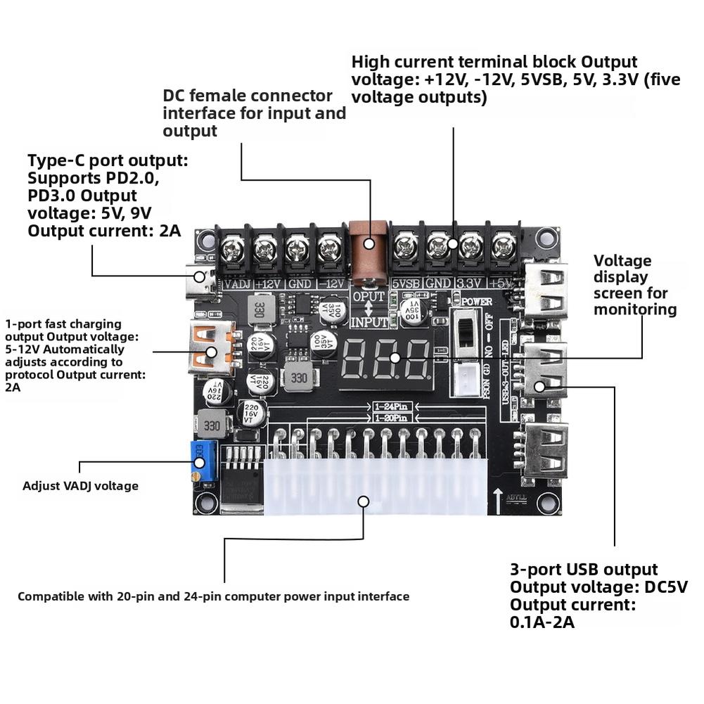 1pc For 20/24Pin For ATX Power Adapter Board Power Supply Module Adjustable Voltage Instrument Parts Accessories