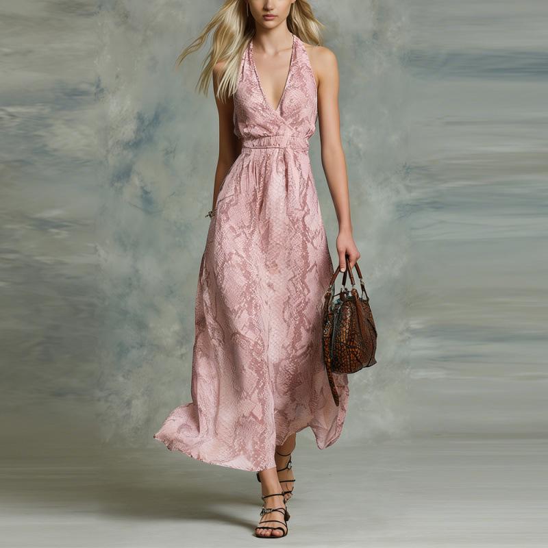European & American Women s Printed Deep V-neck Sleeveless Halter Dress 2026 - Casual French Style Extra Large розовый