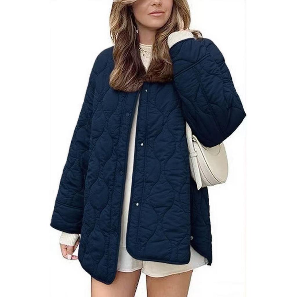 Women's Casual Crewneck Jacket With Pockets, Buttons, Solid Color And Long Sleeves