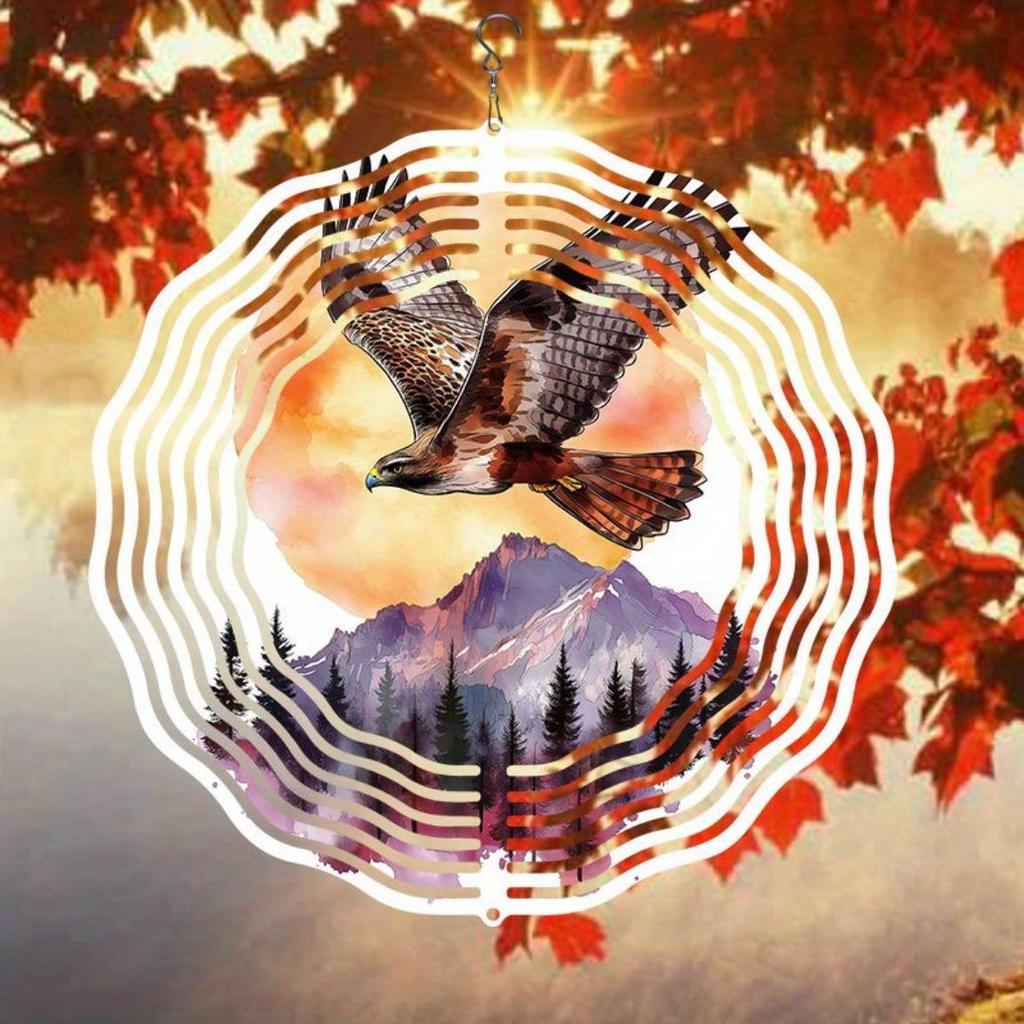 Eagle Metal Wind Spinner Outdoor Decor 2D Hanging Yard Art with 360 Rotating Hook No Power Needed Easy Install Forest Sunrise Design