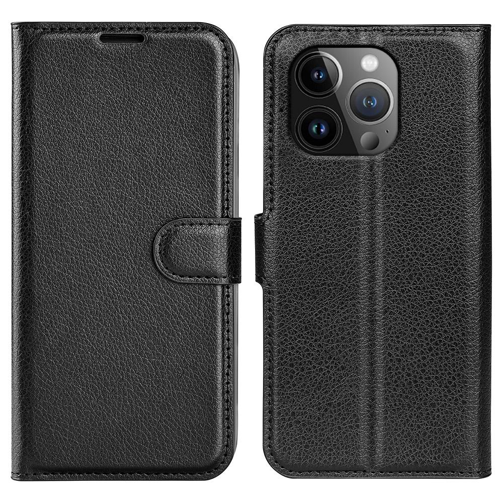 For iPhone 15 Pro Max Wallet Case Litchi Texture Shockproof Leather Flip Stand Phone Cover