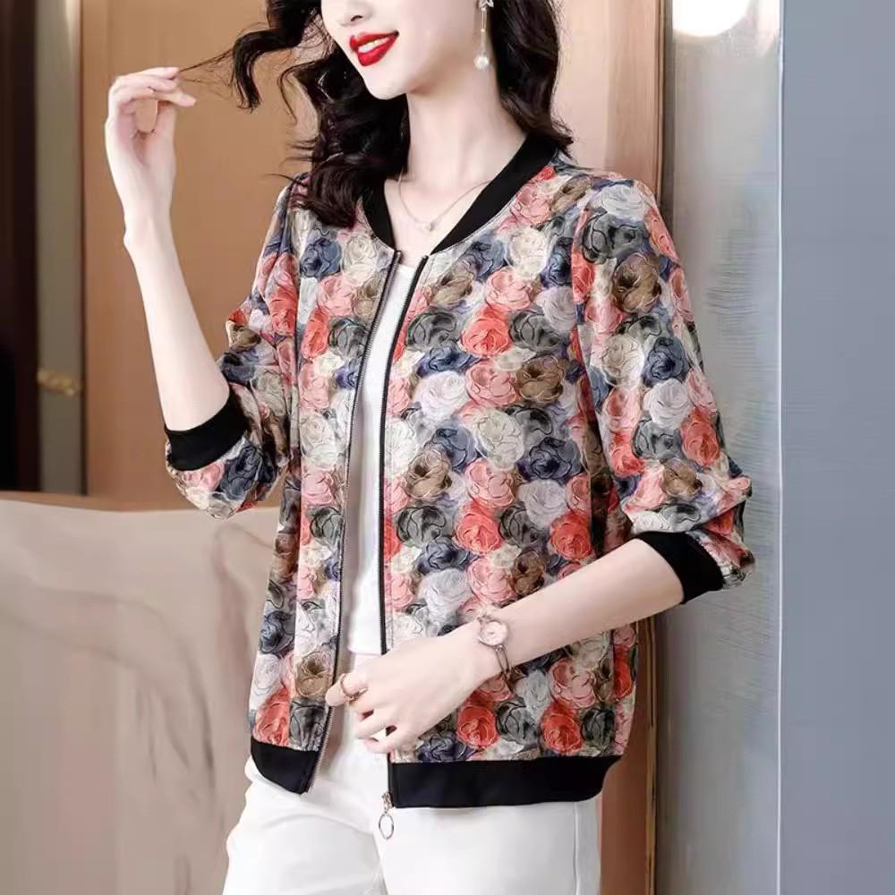 Women's Summer Chiffon Cardigan: Lightweight, Sun Protection, Petite, Age-Reducing, Easy To Match, Printed Design, Baseball Style.
