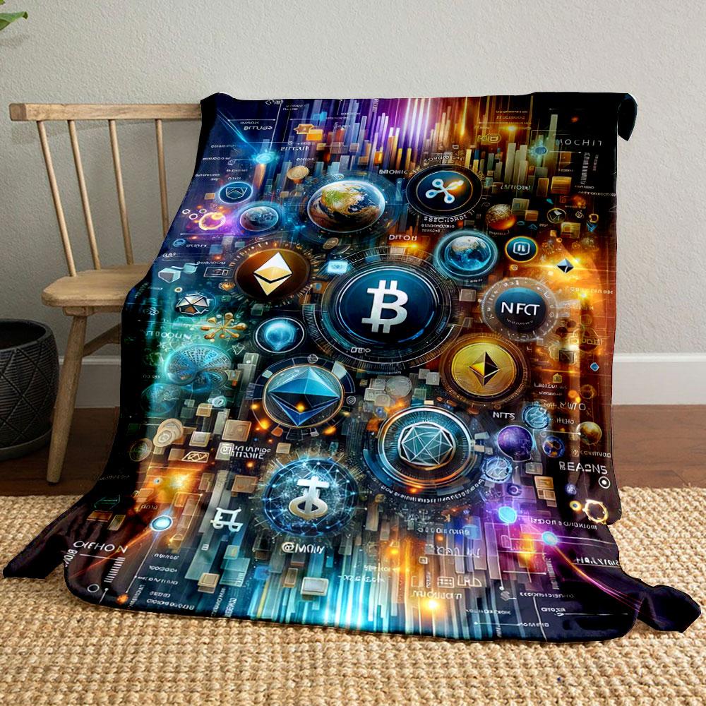Dynamic cryptocurrency symbols with glowing digital elements and graphs. for all seasons blanket lunch break throw gift