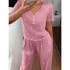 Women Short Sleeve Heart Print Ribbed Long Pants Pajama Set Casual Home Sleepwear