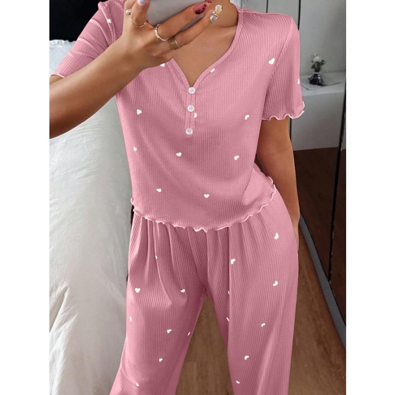 Women Short Sleeve Heart Print Ribbed Long Pants Pajama Set Casual Home Sleepwear