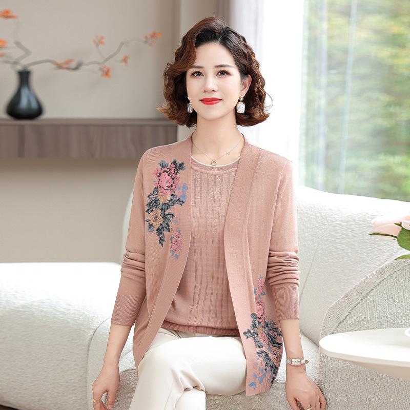 

Spring/Autumn Short-Sleeve Two-Piece Knit Cardigan Set for Middle-Aged Women - Stylish Printed Jacket XL (100-110 lbs) рожевий/помаранчевий