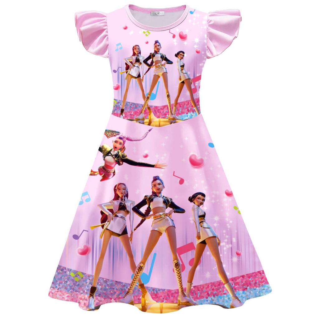 New Demon Slayer Costume Print Girls' Flutter Sleeve Milk Silk Dress