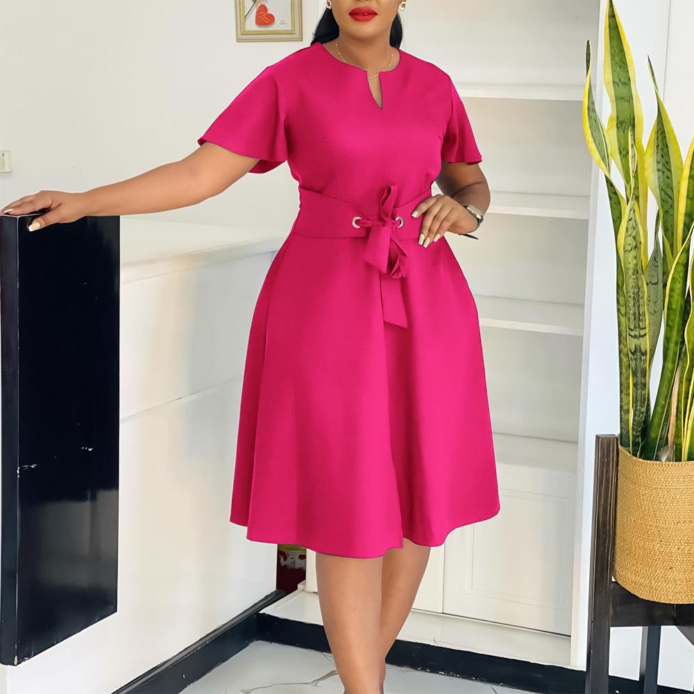 Office Ladies Dresses Short Sleeve Plus Size Xxxl Pleated Mid Calf Fashion Professional Female Dress