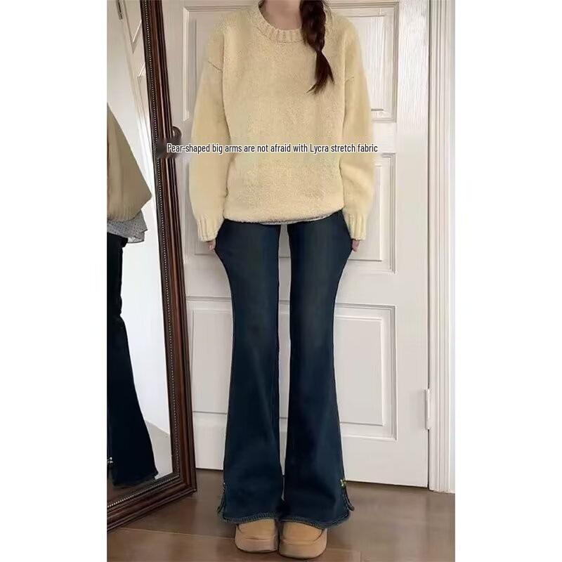 

Женские ретро расклешенные джинсы с высокой посадкой 2025 - Облегающие, Свободные, Прямые, Не прилегающие для весны и осени 2XL синий