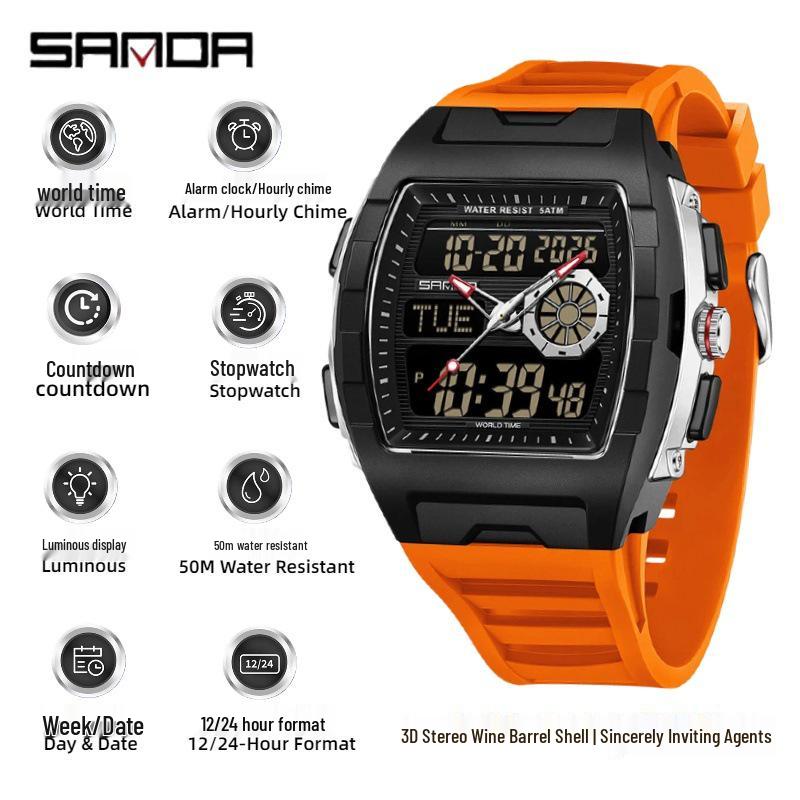 Sanda Men's Sports Barrel-Shaped Luminous Countdown Watch with Triple Time Zone and Dual Display, Waterproof Design.