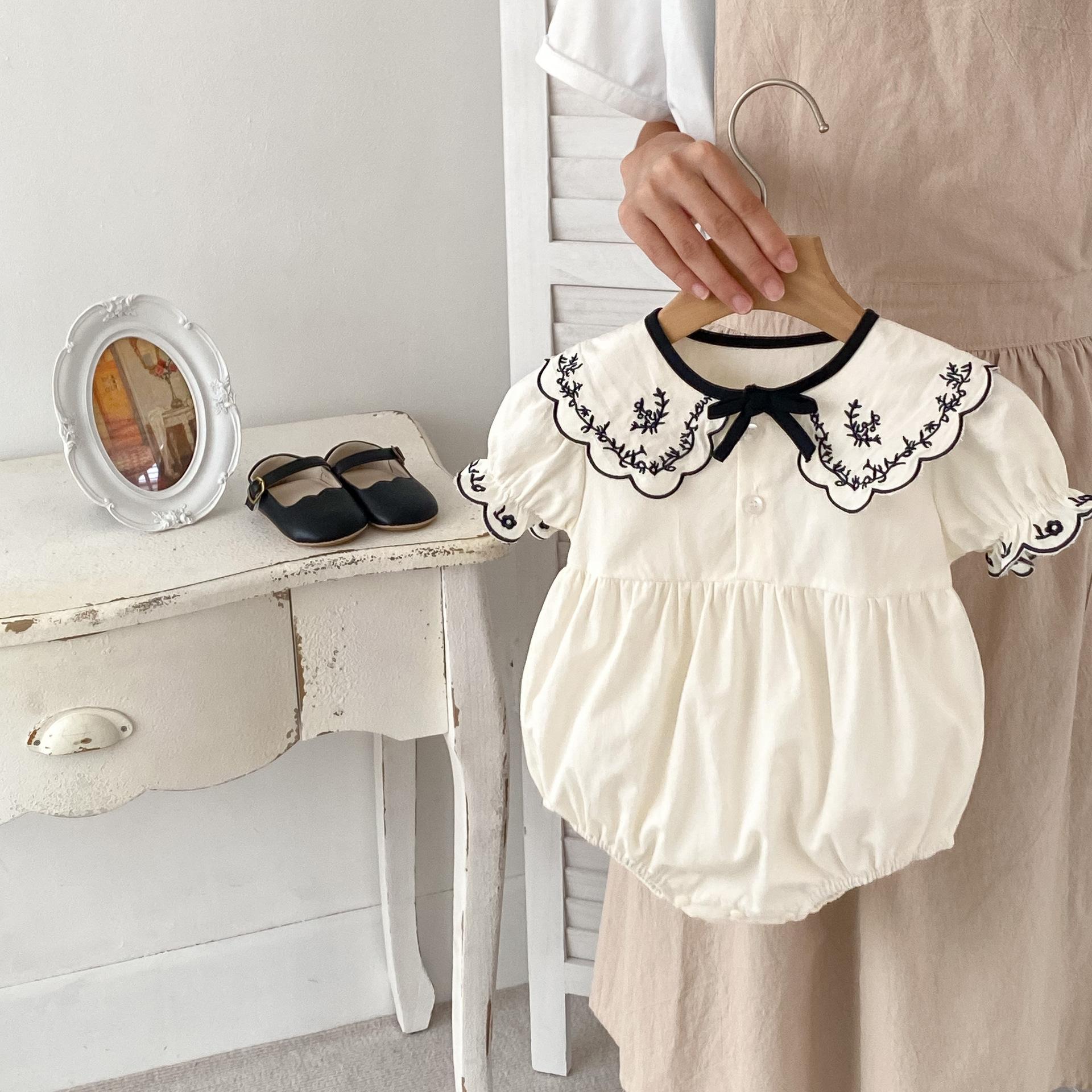 Baby Girl Summer Short Sleeve Romper with Embroidery and Bow 66