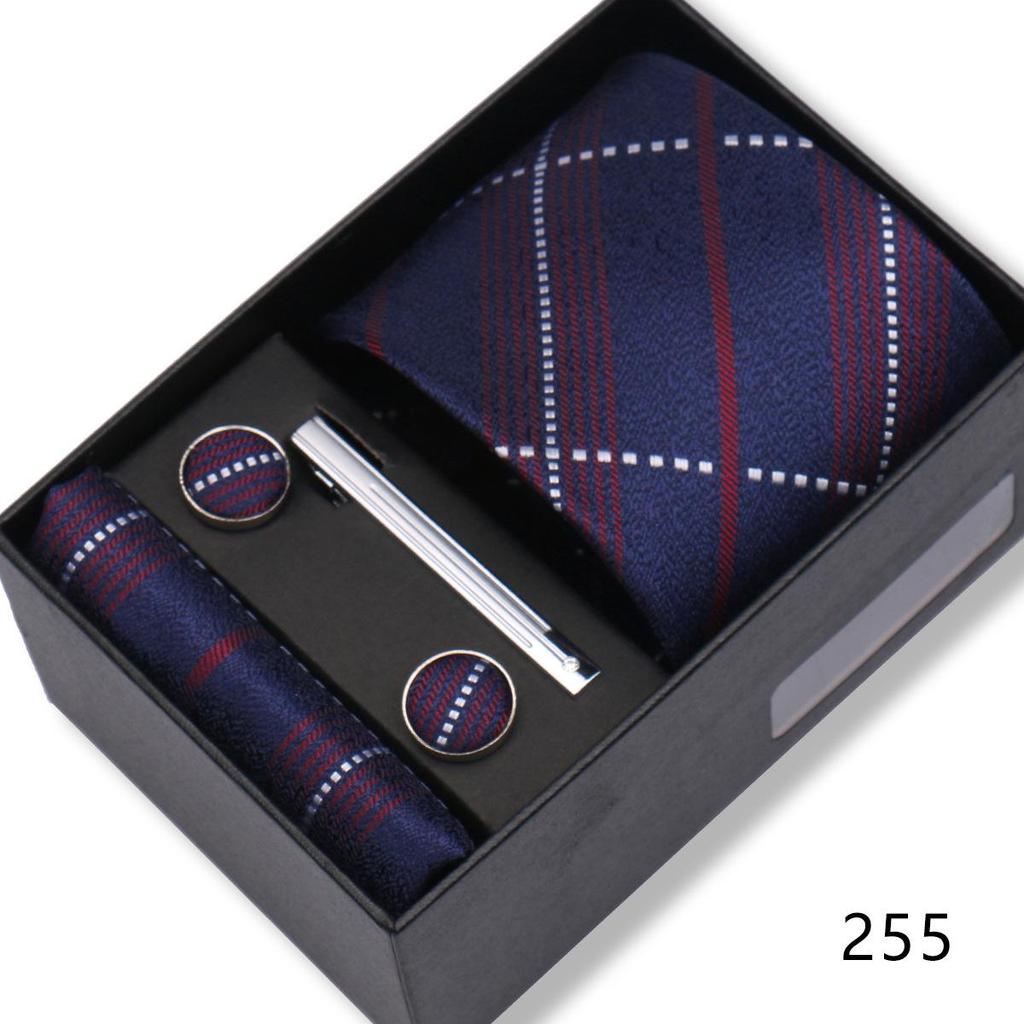 Men's Black & Wine Red Striped Plaid Tie Set with Pocket Square - Formal Wedding Gift Box