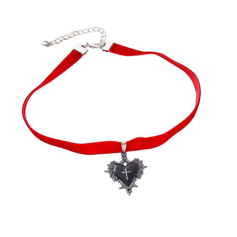 Gothic Halloween Heart Choker with Thorns, Velvet Rose, & Cross Pendant