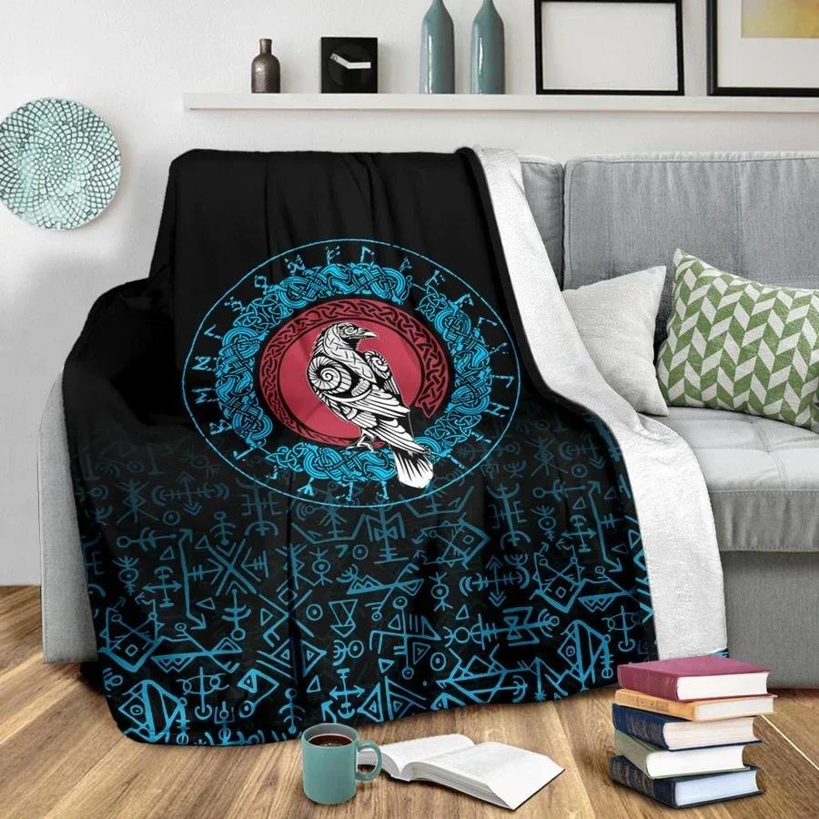 Norse Mythology Flannel Blanket Soft Fleece Throw Blankets for Bedroom Couch Sofa Gift,Viking Crows Scandinavian Runes Blanket
