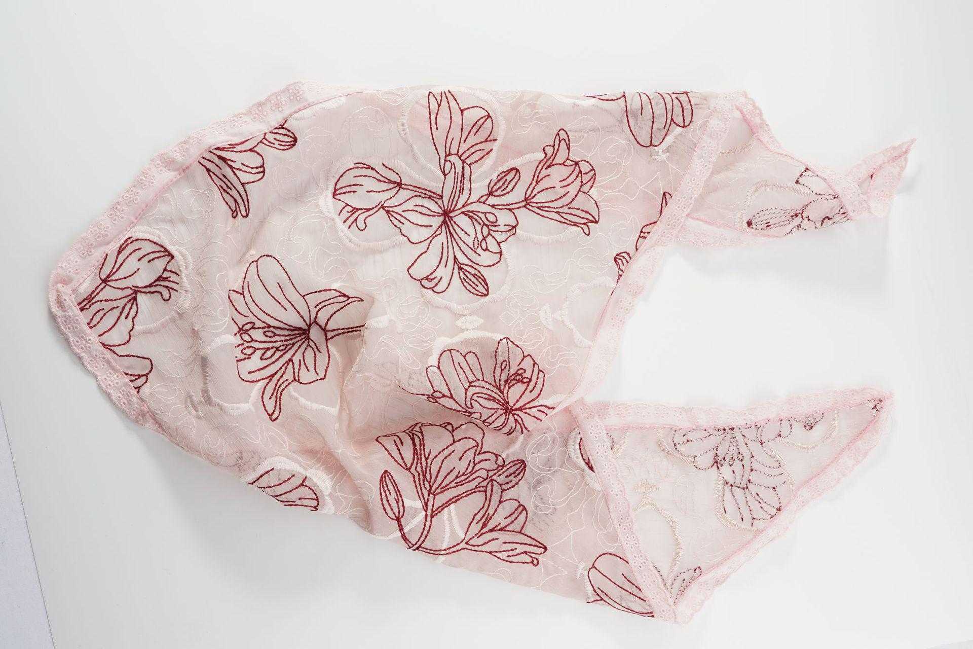 Пасторальный стиль Розовый вышитый шелковый платок: Элегантный треугольный квадратный платок-шарф розовый