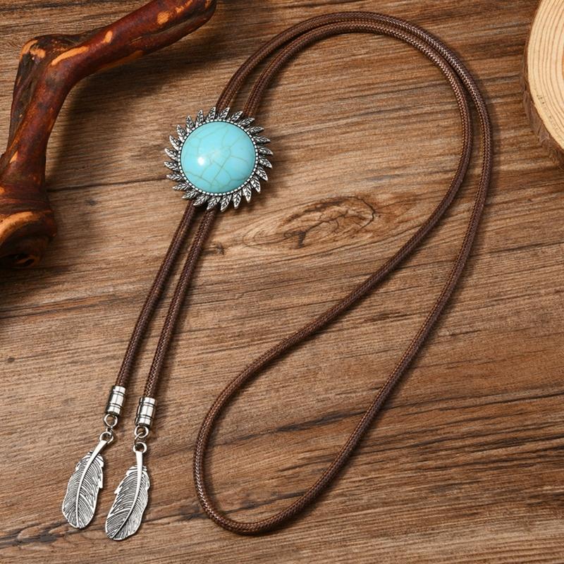 Men's Rodeos Western Leather Cord Bolo Tie Antique Floral Stone Jewelry Cowboy Necktie Necklace with Feathered Pendant
