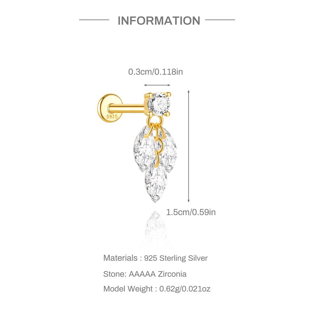 Flat Back Piercing Bar 1.2x6mm Single 925 Sterling Silver Geometric Tassel Zircon Screw Thread Earring Stud Jewelry