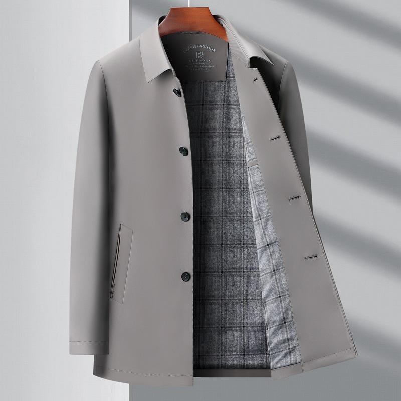 New Men's Windbreaker Mid-length Mulberry Silk Lapel Middle-aged and Elderly Spring and Autumn High-end Casual Civil Servant Jacket