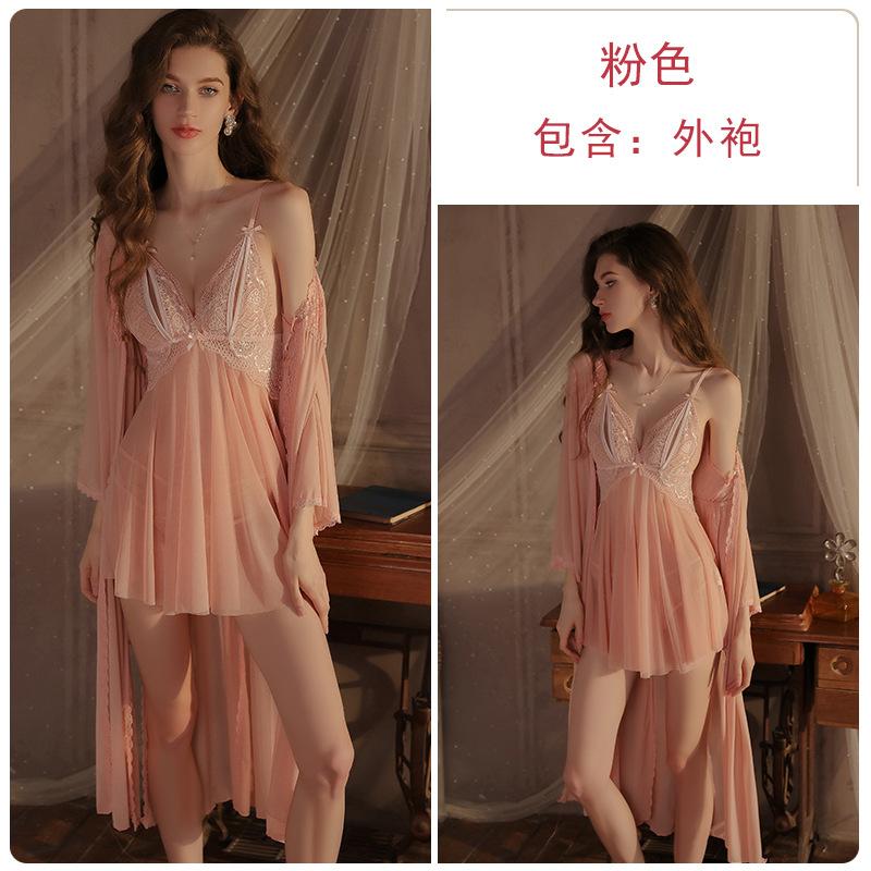 Women's Lace Sheer Mesh Deep V Low Cut Sleep Dress with Robe Lingerie Set