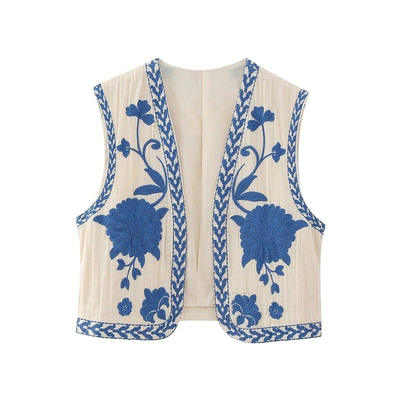 

Vintage Women Floral Embroidery Vest Jackets Summer National Blue L(L)