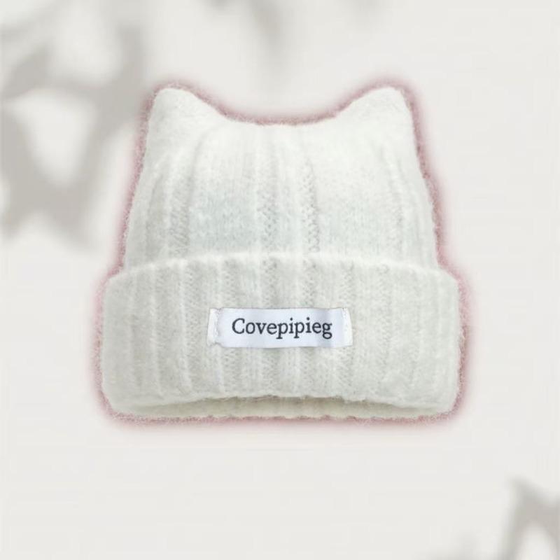 Cat Ear Beanie for Women Winter Warm Ear Protection Hat Solid Color Crochet Bonnet Sweet Girl Knit Pullover Cap Skullcaps