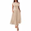 Women's Asymmetric Neck Sleeveless Maxi Dress Slim Fit Elastic Waist Casual Pocket Long Dress