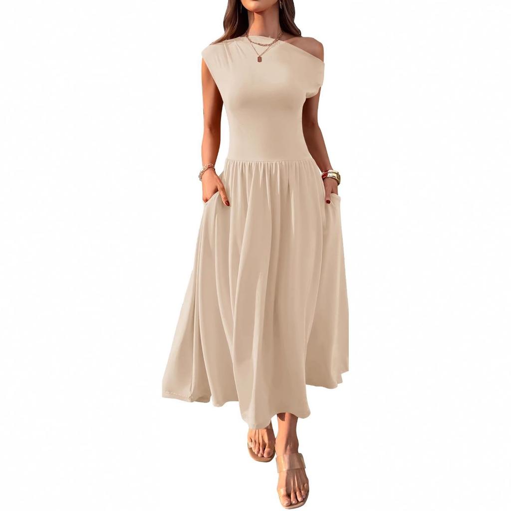 Women's Asymmetric Neck Sleeveless Maxi Dress Slim Fit Elastic Waist Casual Pocket Long Dress