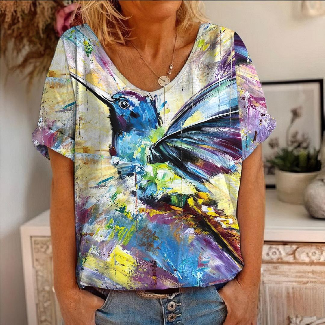 

Летняя футболка с 3D принтом птиц и животных, женские футболки с цветами и v-образным вырезом, уличная одежда, женские футболки Harajuku Y2k, крутые топы для девочек 5XL