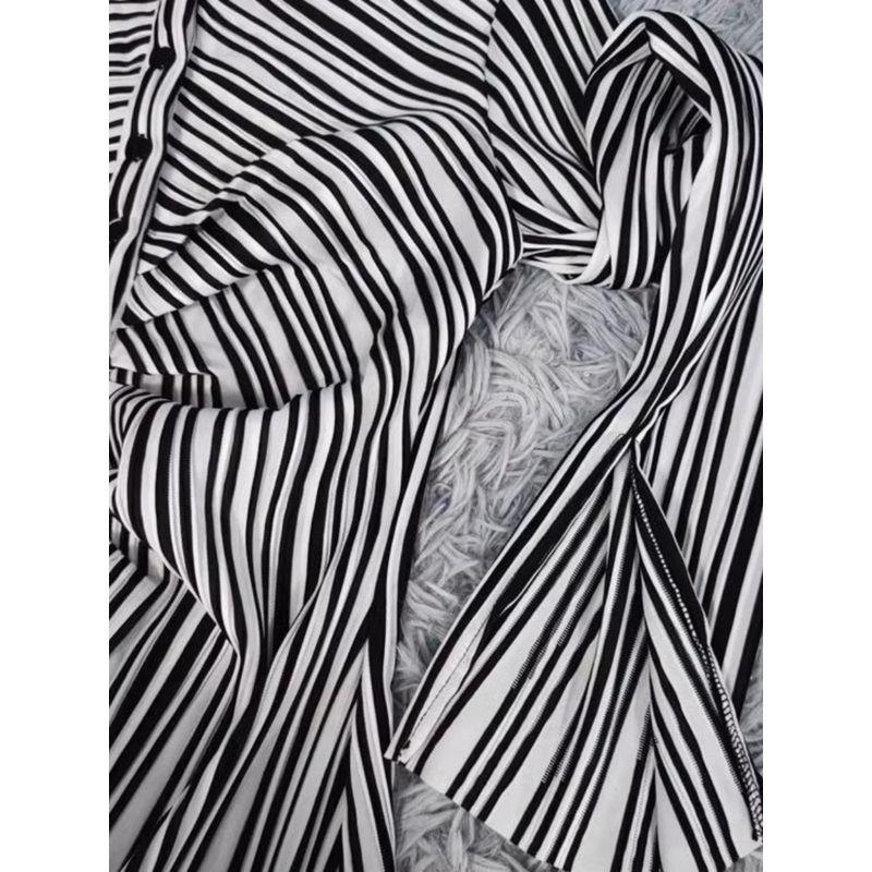 Export Single FN Elastic Fabric Pleated High Waist Black and White Striped Slit Speaker Long Sleeves Dress Plus Plus Size
