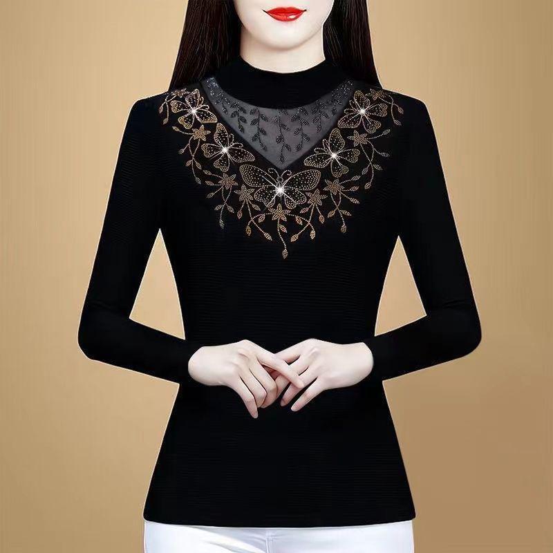 

Women s 2025 Slimming Rhinestone Lace Top - Autumn/Winter Fashion 3XL чёрный