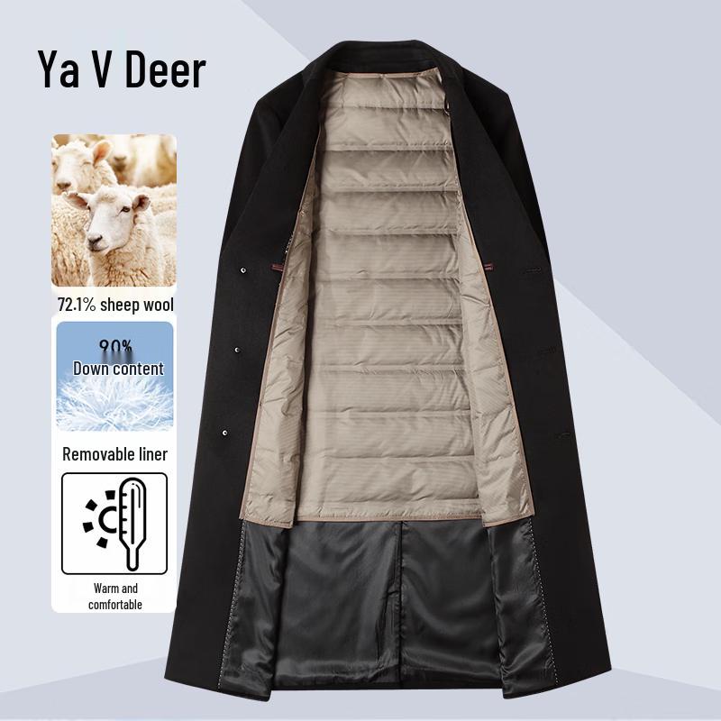 Yalu Men's Slim Fit Long Wool Blend Overcoat with Detachable Down Liner